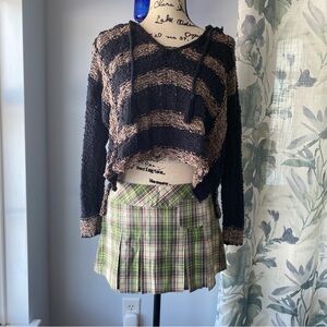 Free People boho grunge striped knit hooded sweater - blue and tan - size xs